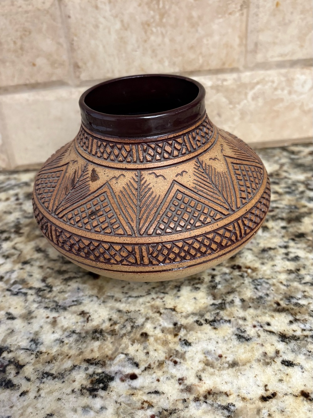 Handcrafted Geometric Ceramic Vase - Brown